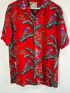 Vintage Paradise Found Mens Hawaiian Shirt Medium Red Button Up Tropical Parrot